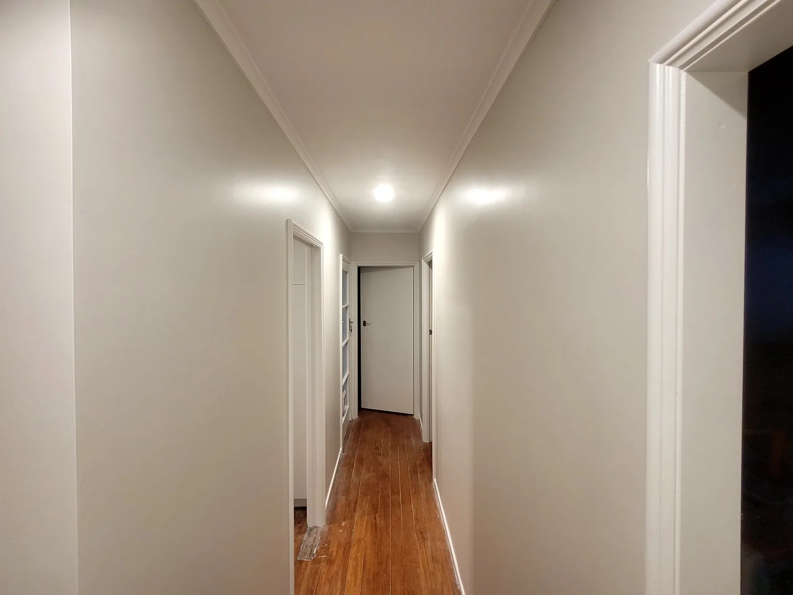 Hallway painted in a pale neutral with white doors and trim above a polished timber floor